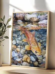 1pc Vintage River Carp Canvas Posters Funky River Fish Landscape Wall Art Rustic Koi Aesthetic Prints Painting, Black Cat Wall Art Sleeping Cat With Plant Picture Canvas Posters Cute Animals Wall Art