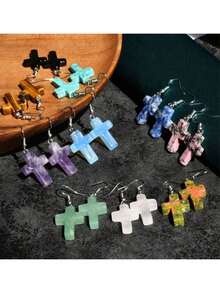 9 Pairs Of Fashionable Natural Stone Crystal Ear Studs, Women's Jade Cross-Shaped Earrings, Retro Earrings, Suitable For Daily Wear, Gifts For Both Men And Women