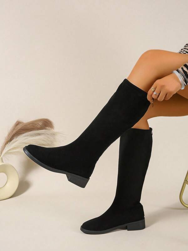 بوت فوق الركبة ذات كعب سميك للنساء، موضة جديدة لفصل الخريف/الشتاء، بسحاب خلفي على الطراز الغربي، مزينة بفرو اصطناعي، للاستخدام اليومي والركوب، تمنح مظهر رشيق