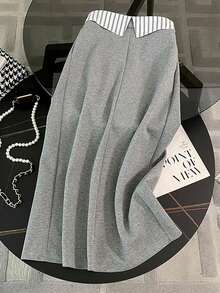 Conjunto de sudadera y falda de mujer de moda nueva, de bloques de color a rayas gris, conjunto de 2 en 1 para ir al trabajo - Gris - Ver 5