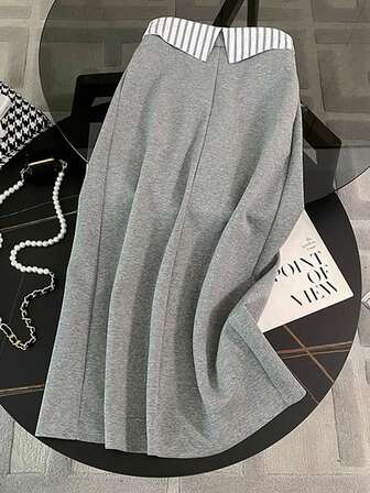 Dammode Randig Färgblockslappnad Grå Sweatshirt Pendlarkostym, 2-i-1 Topp Och Kjol Set