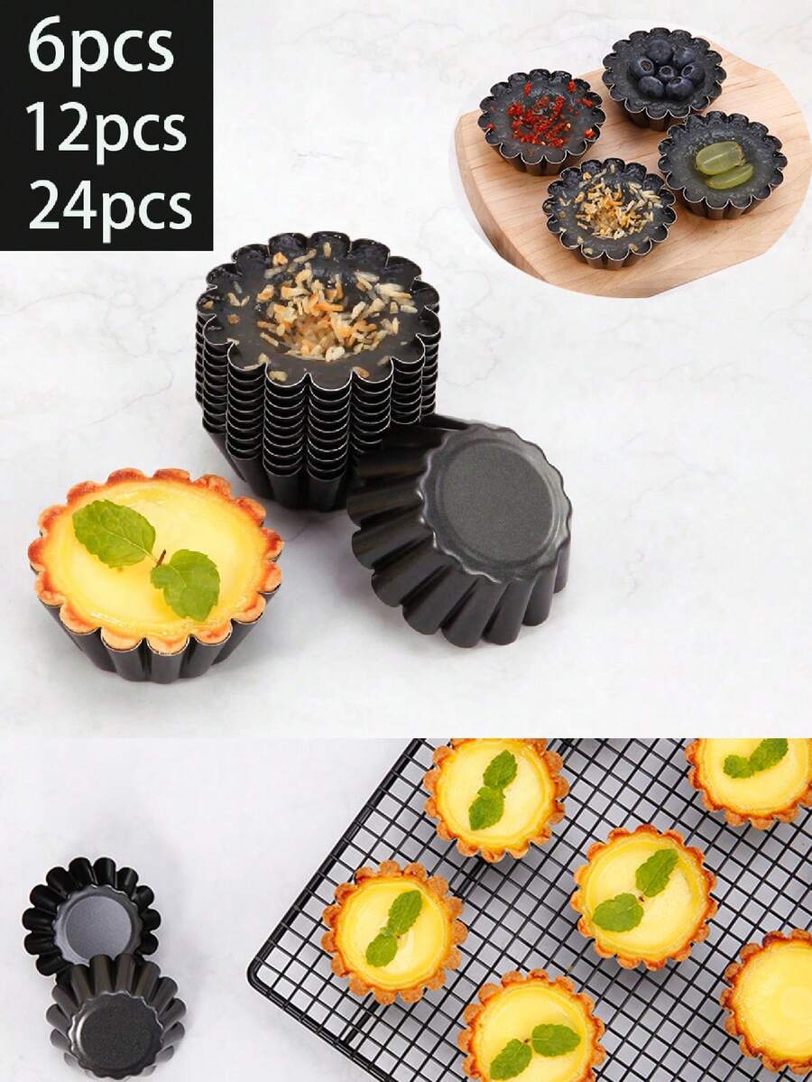 6/12/24件套迷你蛋挞模具、凹槽蛋糕模具、DIY烘焙布丁派模具、菊花杯蛋糕模具、不粘煎饼模具、碳钢蛋挞模具、可重复使用、厨房小工具、厨房配件 - 黑色 - 查看 1