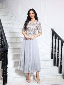 JINLICX Luxury Light Grey Crystal Beaded Floral Embroidered Pleated Banquet Evening Gown - Silver - View 3