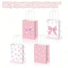 12Pcs Pink Bow Gift Bags - Paper Party Favor Bags, Multi-Event Pouches For Shower/Wedding Decoration/Halloween/Christmas/Party Supplies, Halloween Gift Bags, Thanksgiving Gift Bags, Fall Decoration