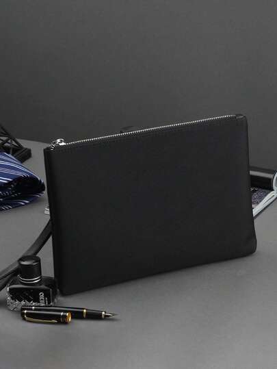 1 chiếc ví công sở nam - Túi đeo tay bằng da màu đen có khóa kéo, dây đeo vai có thể tháo rời, ví siêu mỏng đựng thẻ và tiền mặt, phụ kiện văn phòng cao cấp, quà tặng túi xách nam năm 2025, ví màu đen.