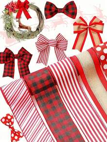 1Roll Ribbon Christmas Tree Wire Ribbon Satin Striped Edge Wrapping, Suitable For Crafts DIY Party Garden Home Wreath Bow Decorations Red And White