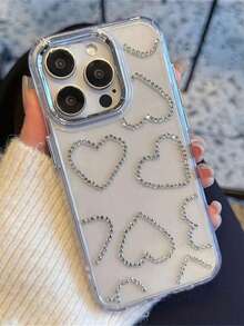 奢华粉色爱心元素时尚手机壳 1 件装 大孔电镀镜头框手机防震壳 全屏水钻爱心手机壳 兼容 11/12/13/14/15/16/17 Pro Max 透明硬壳保护套 高级质感 女士节 春季生日 周年纪念礼物 - 無色 - 查看 3