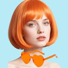 2pcs/Set Bright Color Short Bob Wig With Heart-Shaped Glasses, Cute Cosplay Party Accessories, Fashion Basic Wig For Daily Wear, Halloween