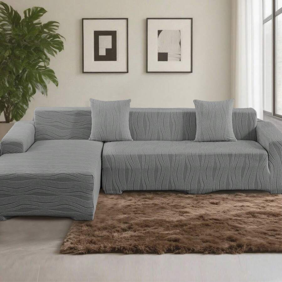 L Shape Sectional Sofa Covers, 2-Pieces Couch Covers Jacquard Elastic Stretch Sofa Slipcover For 3+3 Seater / 3+4 Seater Sofa Furniture Protector, Soft Couch Chaise Stretch L Shape Sofa Slipcovers With 4PCS Pillowcases - Xám - Xem 1