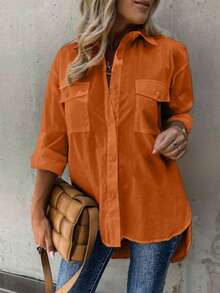 大码休闲/办公纯色翻领衬衫 - 橘色 - 查看 2