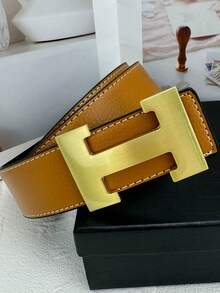 Men's Premium PU Belt, 3.3cm Wide - Fashionable, With Gold Alloy Buckle, Reversible - Classic Letter Design, Suitable For Formal And Casual Wear - Multicolor - View 10