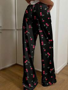 1pc Black & Red Cherry Print Elastic Waist Straight Loose Casual Pajama Pants, Winter - Black - View 2