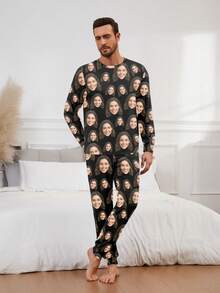 Portrait graphique personnalisé, ensemble de pyjama décontracté amusant pour hommes, vêtements d'intérieur, coloré, mignon, adorable, sobre, drôle, personnalisé, unique, personnalisé, cadeau idéal pour lui, cadeau idéal pour elle, petit ami, petite amie, famille, amis, elle, vêtements d'automne, automne chic, ambiance de Noël à la maison - Noir - Voir 4