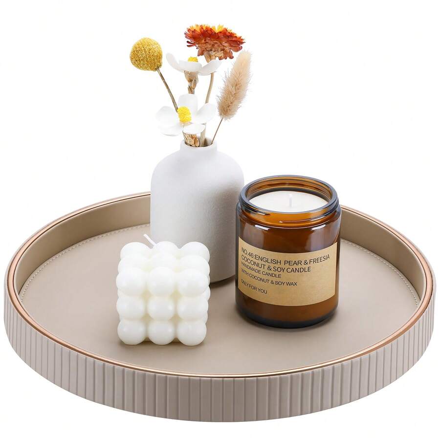 Plateau décoratif rond à rayures verticales avec bordure dorée, plateau en PU pour la décoration de table, la décoration de la maison, le rangement de bureau pour les bijoux, les parfums, les clés - Esthétique de luxe
