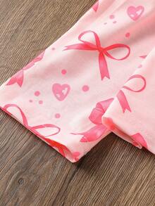 2025新款浪漫可爱心形蝴蝶结印花翻领长袖开衫上衣和休闲长裤两件套睡衣套装粉色 - 淺粉色 - 查看 4