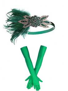 1920s Flapper Costume Accessories Set, Includes Headband And Long Gloves, Suitable For Parties, Balls, Galas, Vintage Events, Formal Occasions, Social Gatherings And Celebrations; 1920s Flapper Feather Headband; 1920s Sequin Showgirl Headpiece Women Hair Band - Black - View 5
