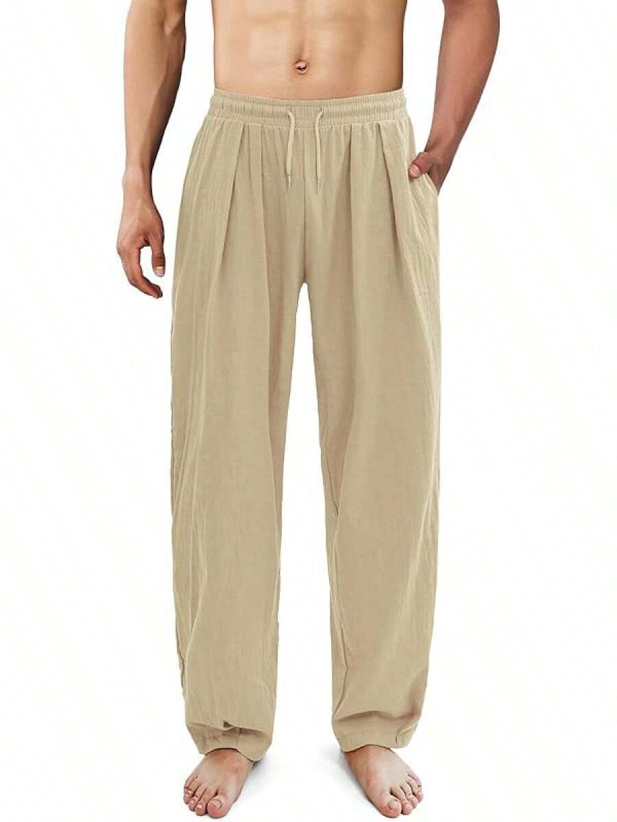 Pantalones casuales de algodón y lino para hombre ESTAMICO, de corte holgado, con cintura elástica y cordón, para verano y playa - Caqui - Ver 1