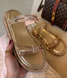 Women's Flat Platform Sandal With Rhinestones And Shine - Gold - View 3