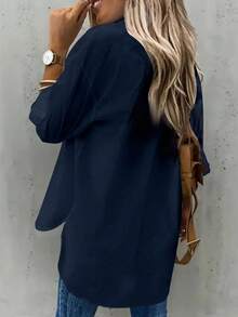 Plus Size Solid Color Casual Polo Shirt Spring - Navy Blue - View 3