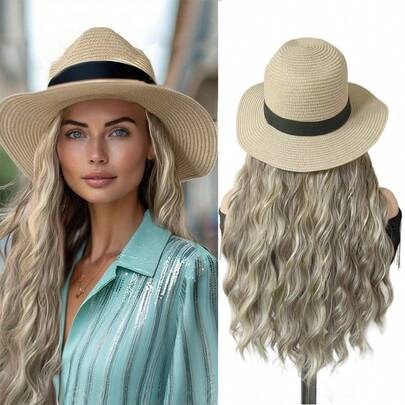 Peluca de sombrero de paja tipo Panamá, gorro de sol beige, sombrero de playa de fibra sintética color miel beige para mujer, adecuado para vacaciones, uso diario casual, peluca fácil de usar para principiantes