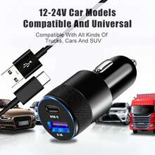 USB-C 快充车载充电器，二合一 USB+Type-C 车载充电器，双口车载插头，配备 1 条 USB-A 转 Type-C 快充线，支持 QC3.0 车载点烟器充电，兼容三星 Galaxy S25 S24 S23 S22 S21 S20 S10 Plus、Pixel 7、Vivo 等机型。 - 彩色 - 查看 7