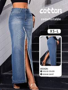 Women's Denim Slit Skirt, Suitable For Summer, Autumn, Winter - Medium Blue - View 2