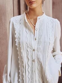 Women's Autumn New Elegant Delicate Lace Trim Long Sleeve Blouse, Suitable For Work, Shopping, Dating - White - View 5