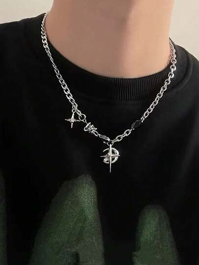 1 pieza Collar de nicho de estilo callejero con gema negra en forma de estrella, diseño único para hombres, elegante cadena de clavícula/suéter para accesorios de Halloween, Día del Maestro, accesorios de estilo callejero, accesorios de jeans