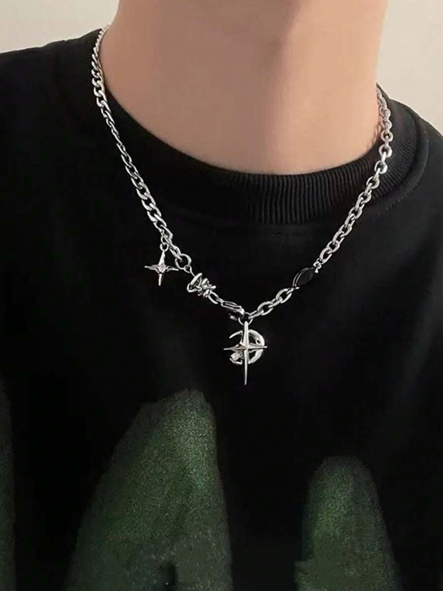 1pc Black Gemstone Starburst Niche Streetwear Necklace, Unique Design For Men, Elegant Clavicle/Sweater Chain For Halloween Accessories Teachers Day Streetwear Accessories Jeans Accessories