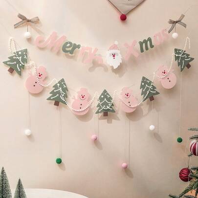 1 套圣诞粉色和绿色横幅、圣诞老人、雪人、圣诞树、绒球、珍珠、字母主题派对装饰壁挂