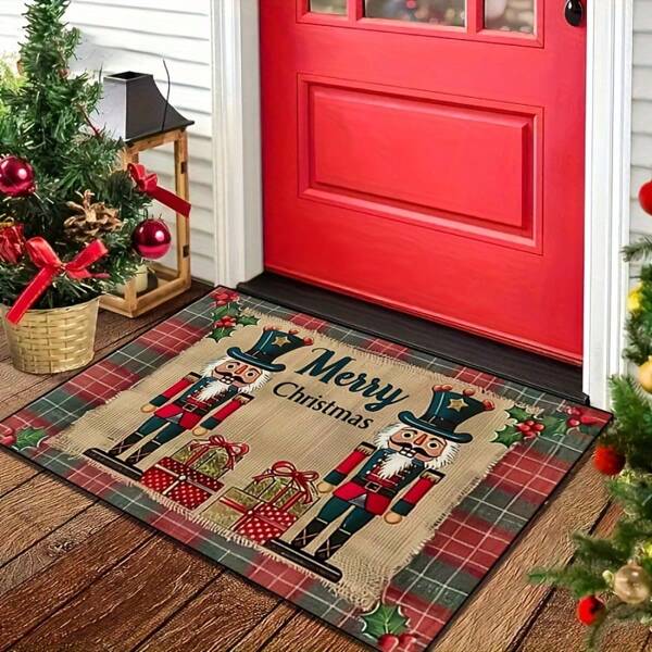 1pc Christmas Doormat, Made Of Polyester, Nutcracker Gift Stacking Design, Indoor/Outdoor, Washable, Non-Slip, Suitable For Bedroom, Hallway, Patio, Photography Props, Holiday Decor