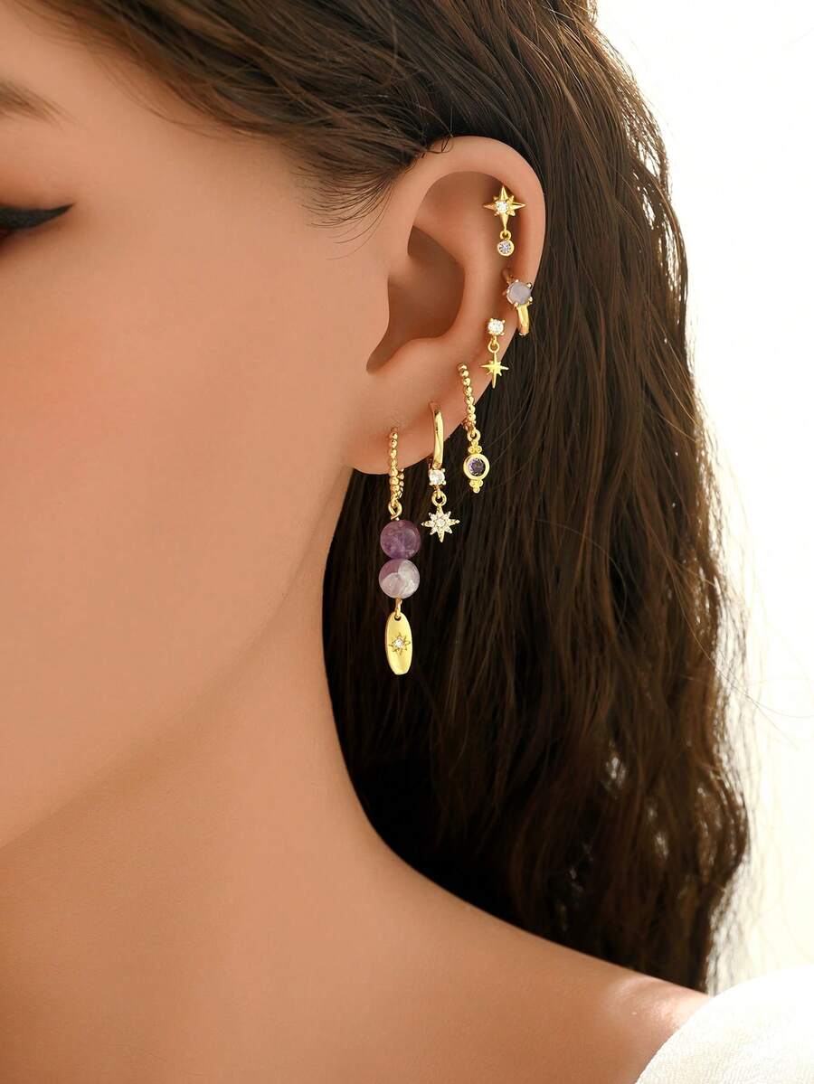 1 Set Of 6pcs Elegant Zirconia Stud Earrings, Suitable For Daily, Party, Holiday, Date Or Wedding - Yellow Gold - View 1