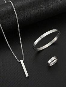 3 件套时尚长发柱氧化简约光滑男士首饰套装，适合日常佩戴