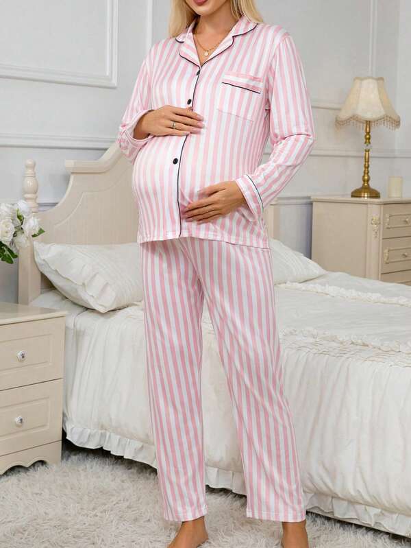 Conjunto de pijama pós-parto para gestantes, 2 peças, blusa e calça com estampa floral listrada e gola lapela, roupa confortável para relaxar no inverno.