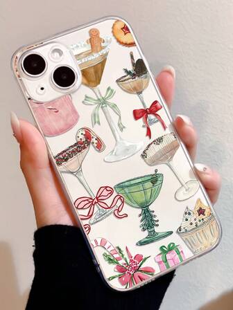 1pc Christmas Cocktail Pattern Transparent TPU Anti-Fingerprint Phone Case Compatible With IPhone, IPhone 11, IPhone 14 Pro Max, IPhone 13 Pro, IPhone 15/15 Plus/15 Pro/15 Pro Max/12/12 Pro/12 Pro Max/14/14 Pro/13 Pro Max And Other Models