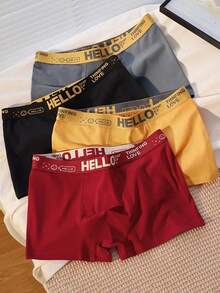3pcs Men's Boxer Briefs With "HELLO" Waistband, Soft & Comfortable, Casual Underwear
