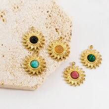 Bohemian Style Vintage Sun Pendant, Stainless Steel 14K Gold Inlaid Colorful Natural Stone Pendant