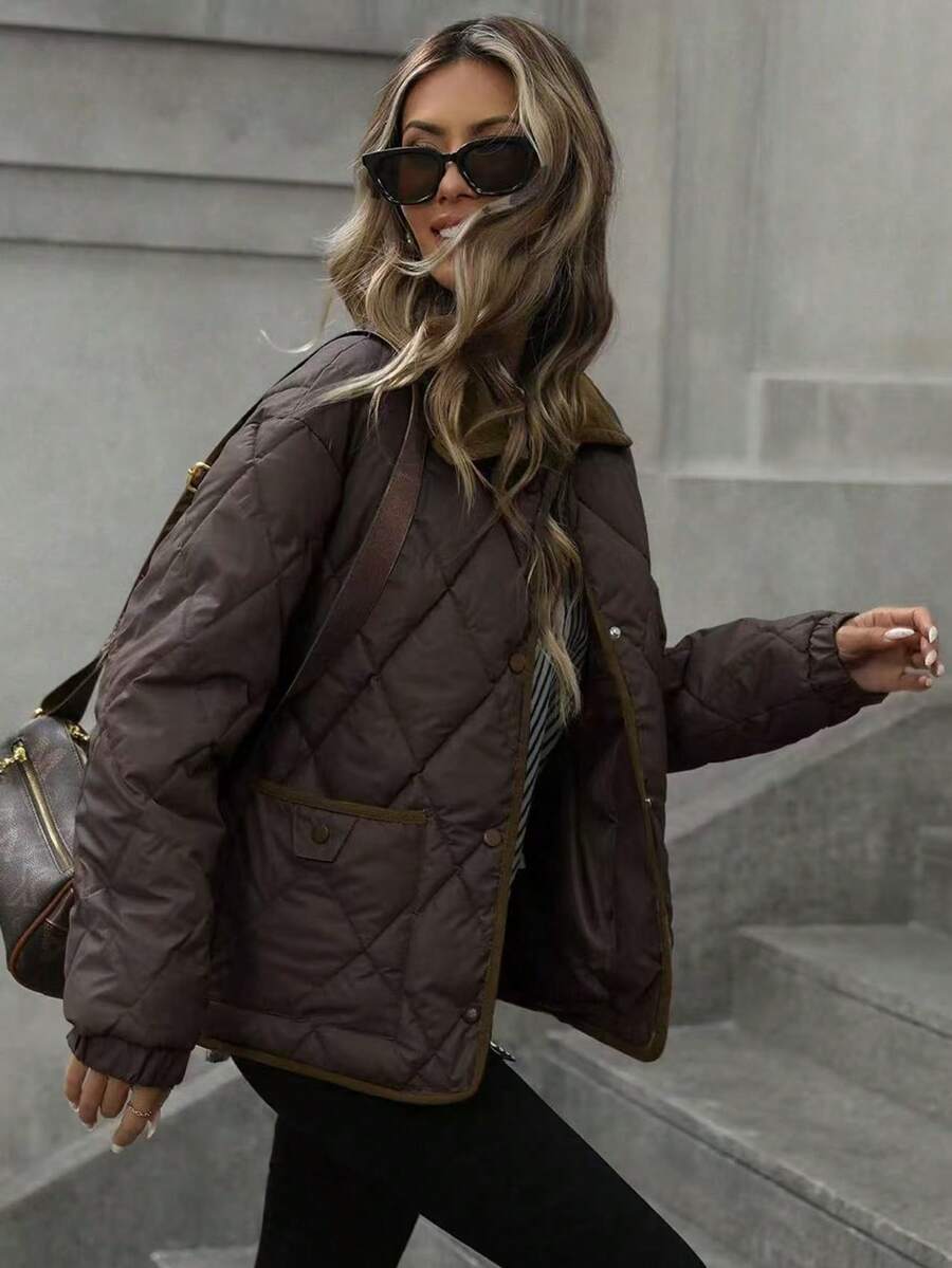 2025 New Arrival Winter Loose Knitted Quilted Padded Coat, Lightweight Short Fashionable Coat - Coffee Brown - View 1
