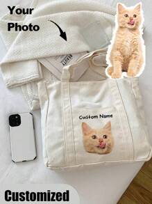 Personalized Pet Photo And Name Tote Bag, Large Capacity Shoulder Bag For Work, Travel, College Students Letter Portable, Multifunction, Versatile, Lightweight, Functional, Practical For Anniversaries, For Christmas, For Fall/Autumn, For Holiday/ Vacation, For Outdoors/Outings/Travel/Hiking/Stadium/Sports/Climbing,All-Purpose,Large Capacity,Versatile,Multifunction,Colorful,Cute,Adorable,Contracted,Funny,Kawaii,Y2K,Minimalist,Commuting,Business Casual,Basics,Custom,Personalized,Unique,Customized,Ideal Gifts For Him,Ideal Gifts For Her,Her,Family,Friends,Girlfriend,For Anniversaries,For Birthdays,For Holiday/ Vacation,For Outdoors/Outings/Travel/Hiking/Stadium/Sports/Climbing,For Business/Commute/Work/Office,Vacation