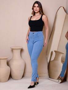 Calça Jeans Marmorizada Feminina Premium De Cós Embutido - Lavagem Média - Visão 2