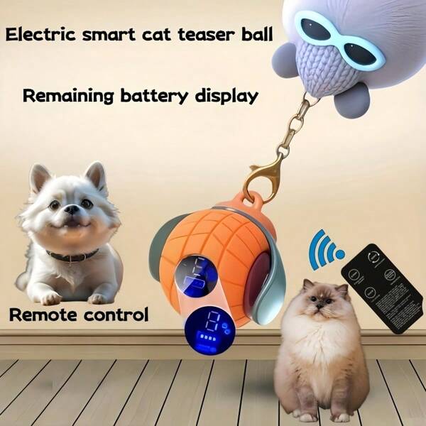 1pc Smart Interactive Pet Toy Ball With Screen Display, Silicone Outer Layer For Quiet Operation, Automatic Cat/Dog Teaser, Rechargeable Battery With Remaining Power Indicator, Remote Control, Bird Sound Effects