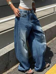 Women Casual Street Loose Wide Leg Jeans - Rửa tối - Xem 4