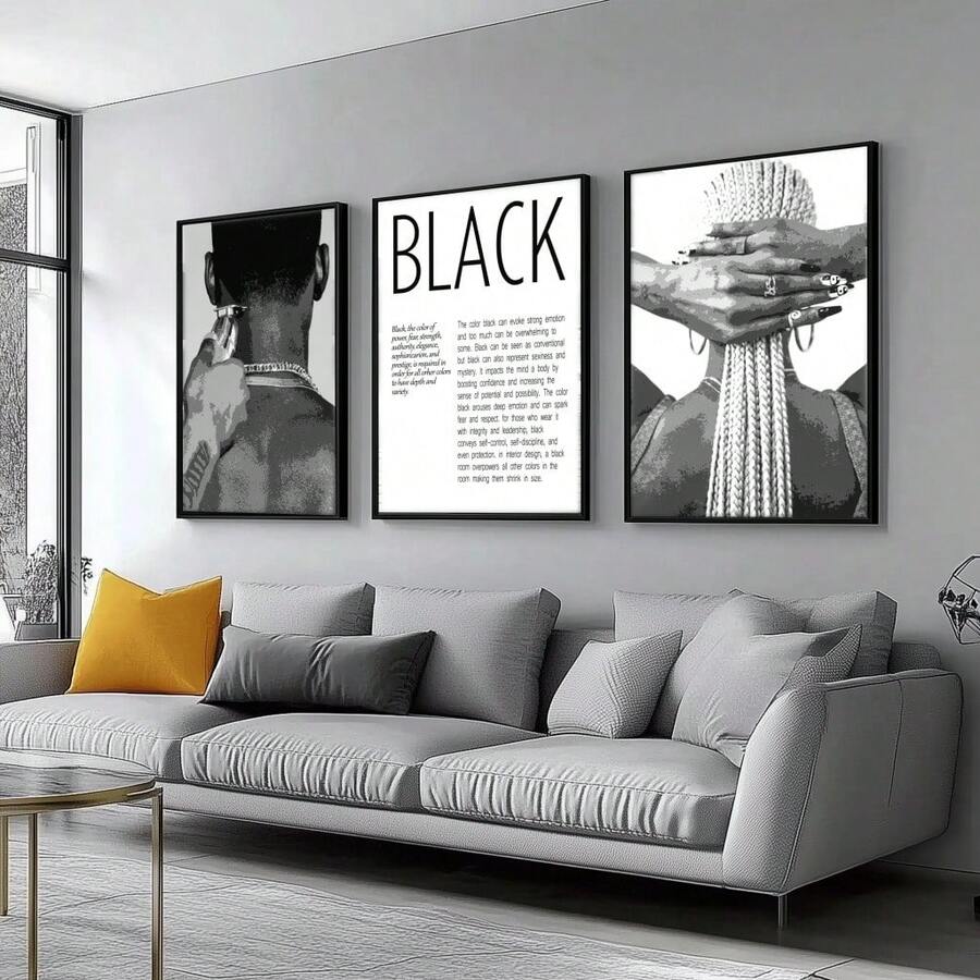 3 pièces Affiches sur canevas encadrées, Art mural pour chambre à coucher et salle de jeux - Impressions avec cadre en bois. Homme et femme noirs, vue de dos, mode moderne, bar, café, décoration murale pour la maison et le dortoir, salon