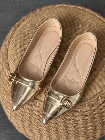 Women's Pointed Toe Slip-On Flats, Casual Party Dress Shoes, Gold Color, Suitable For Daily, Outdoor Activities, Versatile, Spring/Summer
