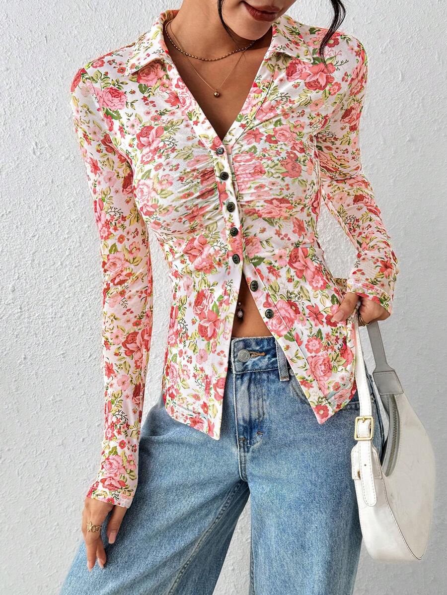 Women Button Down Floral Shirts Fall Long Sleeve V Neck Ruched Fitted Mesh Blouse Tops Date Outfits Valentine's Day Vacation Fall Clothes For Women - Pink Flowers On White Background - View 1