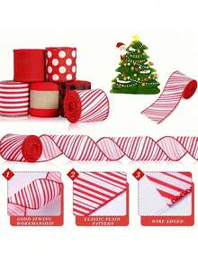 1Roll Ribbon Christmas Tree Wire Ribbon Satin Striped Edge Wrapping, Suitable For Crafts DIY Party Garden Home Wreath Bow Decorations Red And White