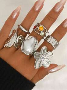 6-22 件/套复古厚实不对称花卉戒指套装，女士日常佩戴，约会，派对礼物