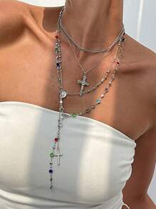 1/4pcs Vintage Metal Jesus Cross Pendant Y-Shaped Long Necklace, Boho Style Colorful Crystal Pendant Necklace Set, Suitable For Women Daily And Vacation Wear, Holiday Gift For Friends (Crystal Color Random)
