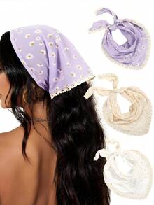 3 chiếc băng đô in họa tiết hoa cúc cổ điển với viền ren và thiết kế buộc dây, phù hợp cho bãi biển, kỳ nghỉ, thời trang mùa hè, lễ hội âm nhạc và trang phục thường ngày. - Nhiều màu - Xem 2