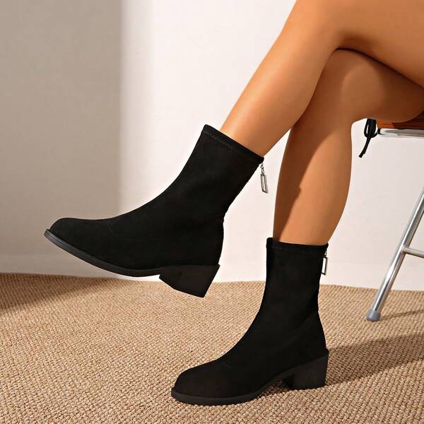 2025 New Western Style Back Zipper Casual Holiday Thick Heel Rhinestone Decor Boots For Women, Comfortable Ankle Boots